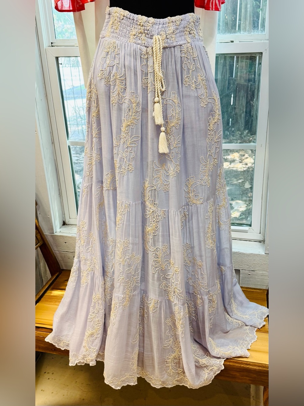 Boho Lace-Embroidered Maxi Skirt in Light Blue - by POL